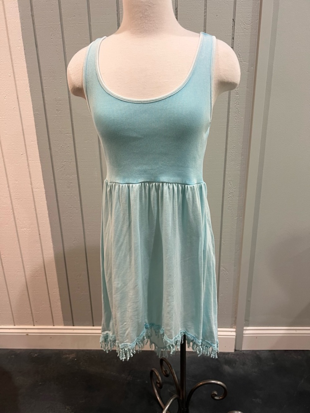 miami Light Aqua Tank Dress with Fringe Hem